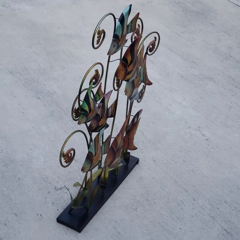 Metal Angel Fish Sculpture Standing Decor Banded Angelfish